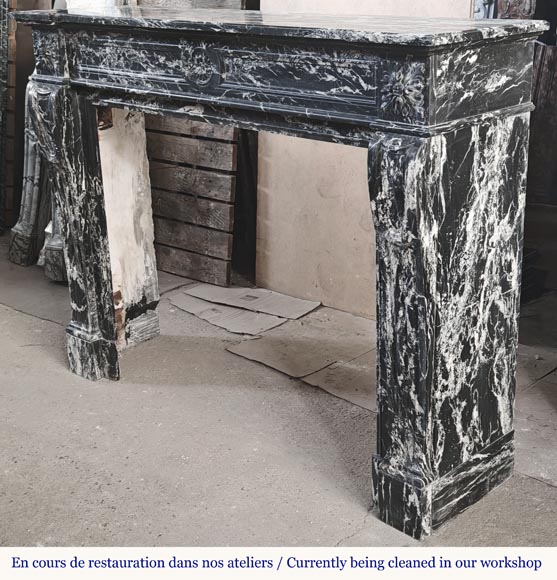 Louis XVI style fireplace decorated with a flower, in black Marquina marble Louis XVI style fireplace decorated with a flower, in black Marquina marble-6