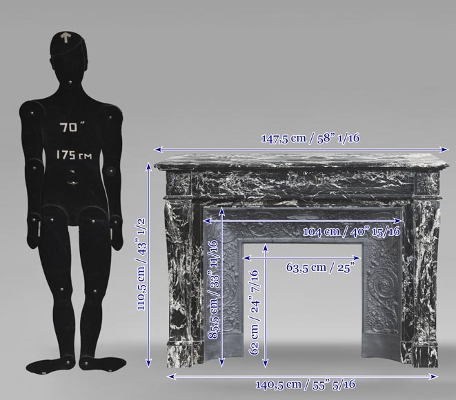 Louis XVI style fireplace decorated with a flower, in black Marquina marble Louis XVI style fireplace decorated with a flower, in black Marquina marble-10