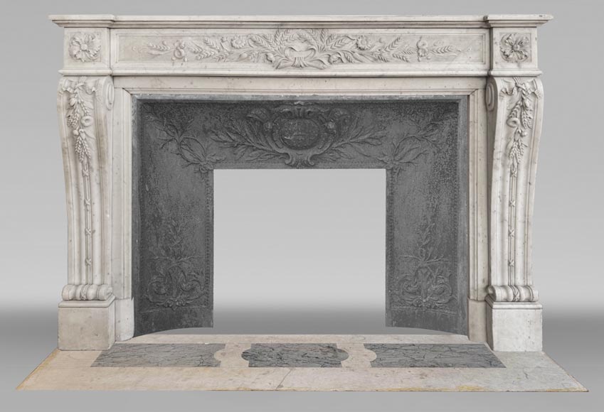 Louis XVI style fireplace in highly sculpted Carrara marble with floral decoration Louis XVI style fireplace in highly sculpted Carrara marble with floral decoration-0