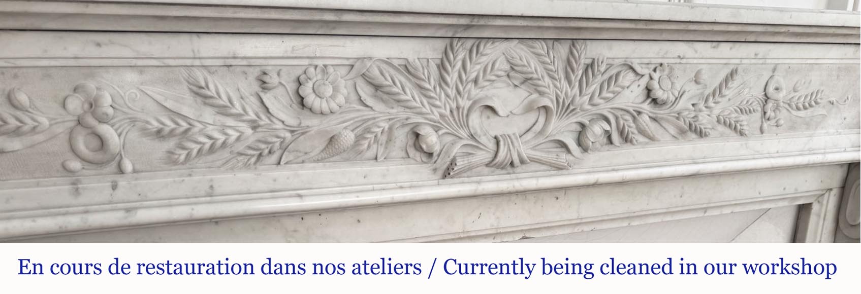 Louis XVI style fireplace in highly sculpted Carrara marble with floral decoration Louis XVI style fireplace in highly sculpted Carrara marble with floral decoration-1