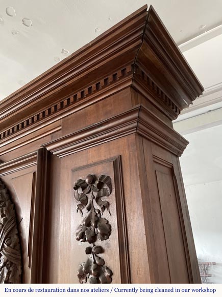 Monumental carved walnut fireplace with atlantes and painted medallion Monumental carved walnut fireplace with atlantes and painted medallion-6