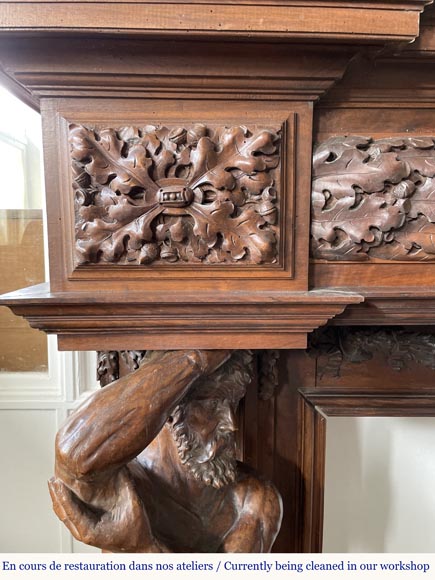 Monumental carved walnut fireplace with atlantes and painted medallion Monumental carved walnut fireplace with atlantes and painted medallion-9