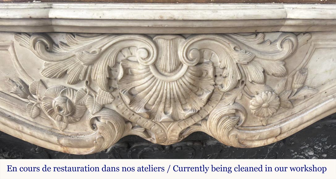 Louis XV style fireplace, highly sculpted in Carrara marble, decorated with flowers Louis XV style fireplace, highly sculpted in Carrara marble, decorated with flowers-1