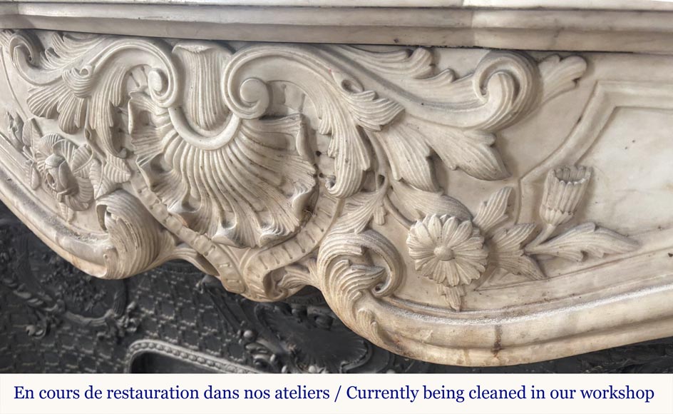 Louis XV style fireplace, highly sculpted in Carrara marble, decorated with flowers Louis XV style fireplace, highly sculpted in Carrara marble, decorated with flowers-2