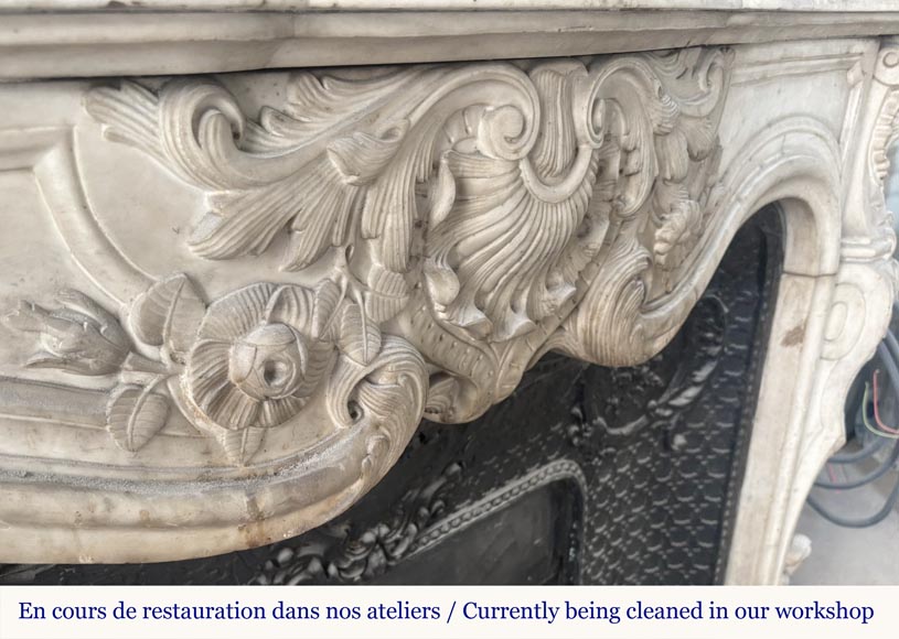 Louis XV style fireplace, highly sculpted in Carrara marble, decorated with flowers Louis XV style fireplace, highly sculpted in Carrara marble, decorated with flowers-3