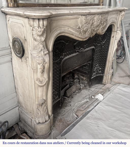 Louis XV style fireplace, highly sculpted in Carrara marble, decorated with flowers Louis XV style fireplace, highly sculpted in Carrara marble, decorated with flowers-5