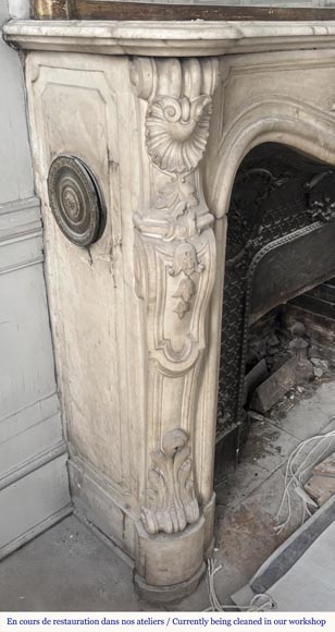 Louis XV style fireplace, highly sculpted in Carrara marble, decorated with flowers Louis XV style fireplace, highly sculpted in Carrara marble, decorated with flowers-6