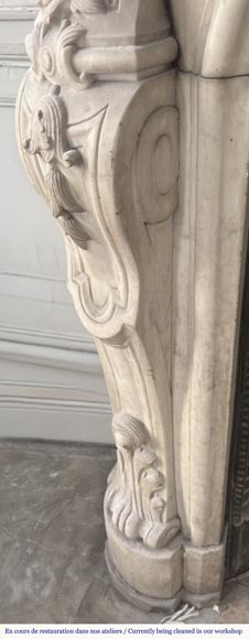 Louis XV style fireplace, highly sculpted in Carrara marble, decorated with flowers Louis XV style fireplace, highly sculpted in Carrara marble, decorated with flowers-7