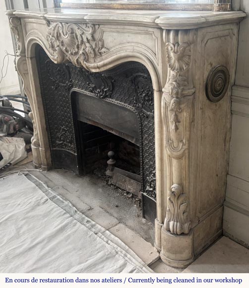 Louis XV style fireplace, highly sculpted in Carrara marble, decorated with flowers Louis XV style fireplace, highly sculpted in Carrara marble, decorated with flowers-8