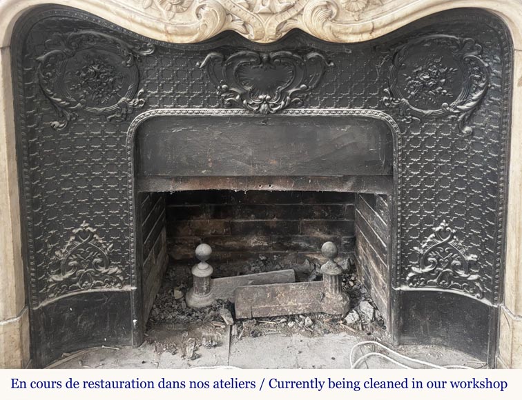Louis XV style fireplace, highly sculpted in Carrara marble, decorated with flowers Louis XV style fireplace, highly sculpted in Carrara marble, decorated with flowers-11