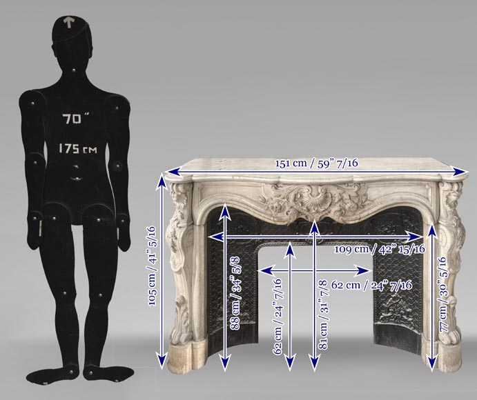 Louis XV style fireplace, highly sculpted in Carrara marble, decorated with flowers Louis XV style fireplace, highly sculpted in Carrara marble, decorated with flowers-13