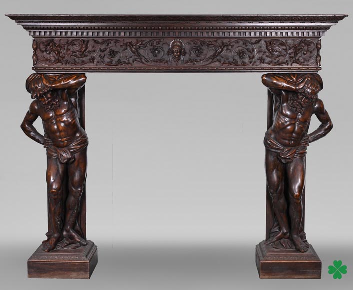 Monumental Italian carved walnut fireplace, Neo-Renaissance style, circa 1880 Monumental Italian carved walnut fireplace, Neo-Renaissance style, circa 1880-0