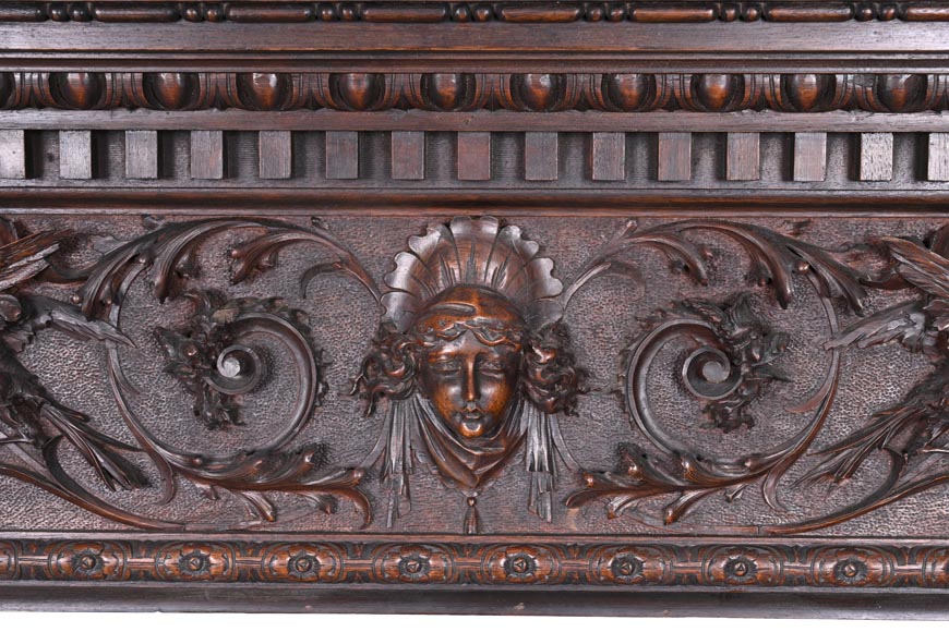 Monumental Italian carved walnut fireplace, Neo-Renaissance style, circa 1880 Monumental Italian carved walnut fireplace, Neo-Renaissance style, circa 1880-1