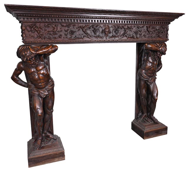Monumental Italian carved walnut fireplace, Neo-Renaissance style, circa 1880 Monumental Italian carved walnut fireplace, Neo-Renaissance style, circa 1880-11