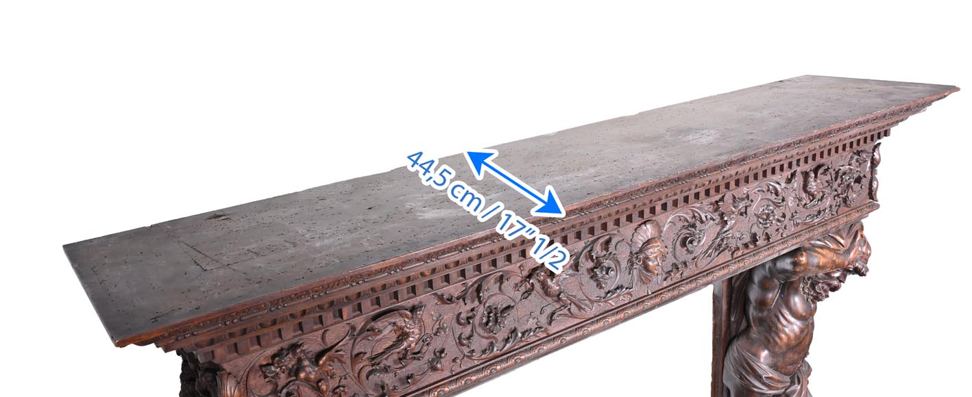 Monumental Italian carved walnut fireplace, Neo-Renaissance style, circa 1880 Monumental Italian carved walnut fireplace, Neo-Renaissance style, circa 1880-14