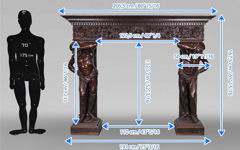 Monumental Italian carved walnut fireplace, Neo-Renaissance style, circa 1880 Monumental Italian carved walnut fireplace, Neo-Renaissance style, circa 1880-15