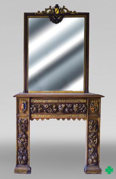 Wall-mounted fireplace with trumeau, carved and gilded wood, elements from the 18th and 19th centuries Wall-mounted fireplace with trumeau, carved and gilded wood, elements from the 18th and 19th centuries-0