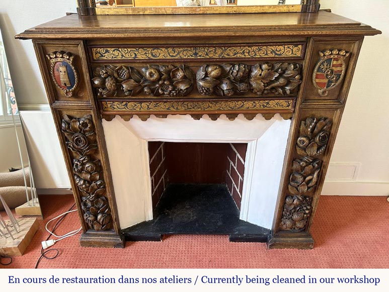 Wall-mounted fireplace with trumeau, carved and gilded wood, elements from the 18th and 19th centuries Wall-mounted fireplace with trumeau, carved and gilded wood, elements from the 18th and 19th centuries-1