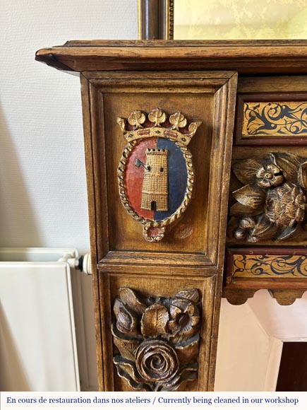 Wall-mounted fireplace with trumeau, carved and gilded wood, elements from the 18th and 19th centuries Wall-mounted fireplace with trumeau, carved and gilded wood, elements from the 18th and 19th centuries-3