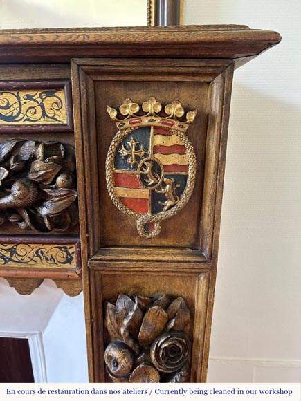 Wall-mounted fireplace with trumeau, carved and gilded wood, elements from the 18th and 19th centuries Wall-mounted fireplace with trumeau, carved and gilded wood, elements from the 18th and 19th centuries-4