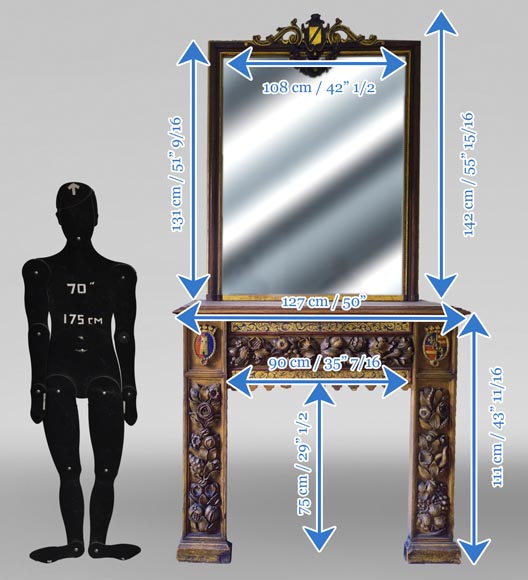 Wall-mounted fireplace with trumeau, carved and gilded wood, elements from the 18th and 19th centuries Wall-mounted fireplace with trumeau, carved and gilded wood, elements from the 18th and 19th centuries-10