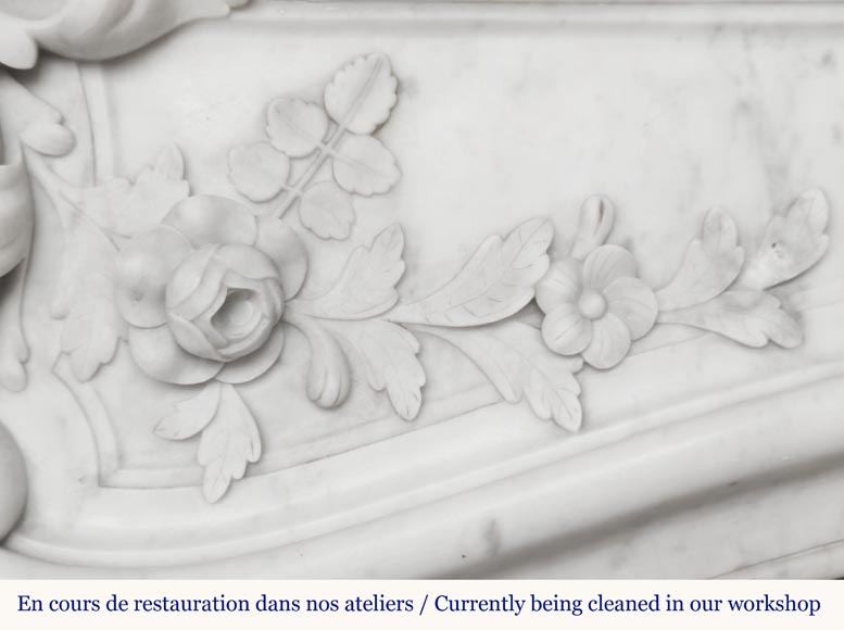 Louis XV style fireplace in Carrara marble richly carved with plant motifs Louis XV style fireplace in Carrara marble richly carved with plant motifs-3