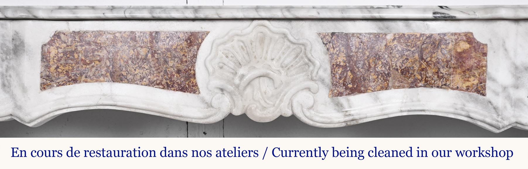 Provençal-style fireplace in veined Carrara marble and colored marble Provençal-style fireplace in veined Carrara marble and colored marble-1