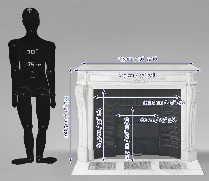 Curved Louis XVI style fireplace with beaded decoration, in semi-statuary marble. Curved Louis XVI style fireplace with beaded decoration, in semi-statuary marble.-14