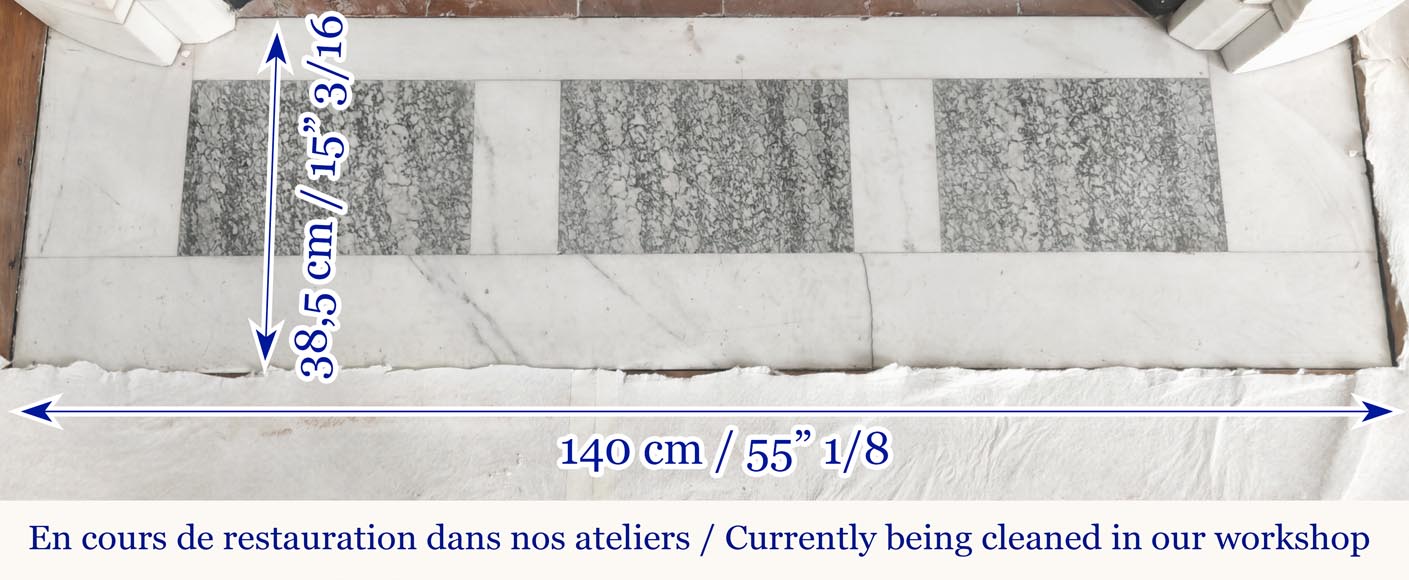 Curved Louis XVI style fireplace with beaded decoration, in semi-statuary marble. Curved Louis XVI style fireplace with beaded decoration, in semi-statuary marble.-12