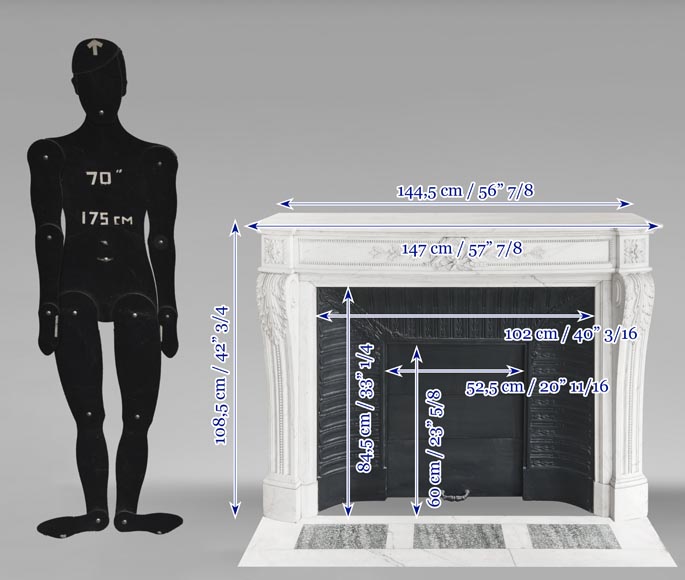 Curved Louis XVI style fireplace with beaded decoration, in semi-statuary marble. Curved Louis XVI style fireplace with beaded decoration, in semi-statuary marble.-14