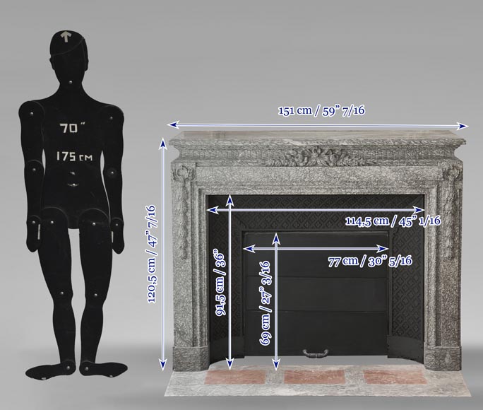 Napoleon III style fireplace with floral decoration, in green Estours marble Napoleon III style fireplace with floral decoration, in green Estours marble-13