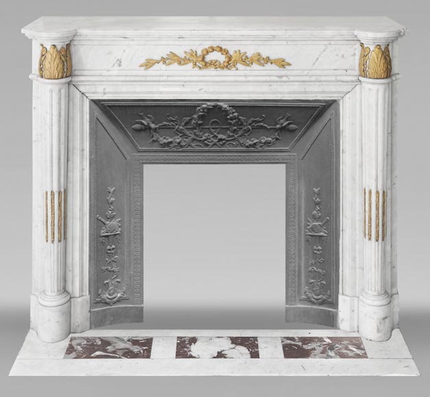 Louis XVI style fireplace with half-columns and bronze decorations, in Carrara marble Louis XVI style fireplace with half-columns and bronze decorations, in Carrara marble-0