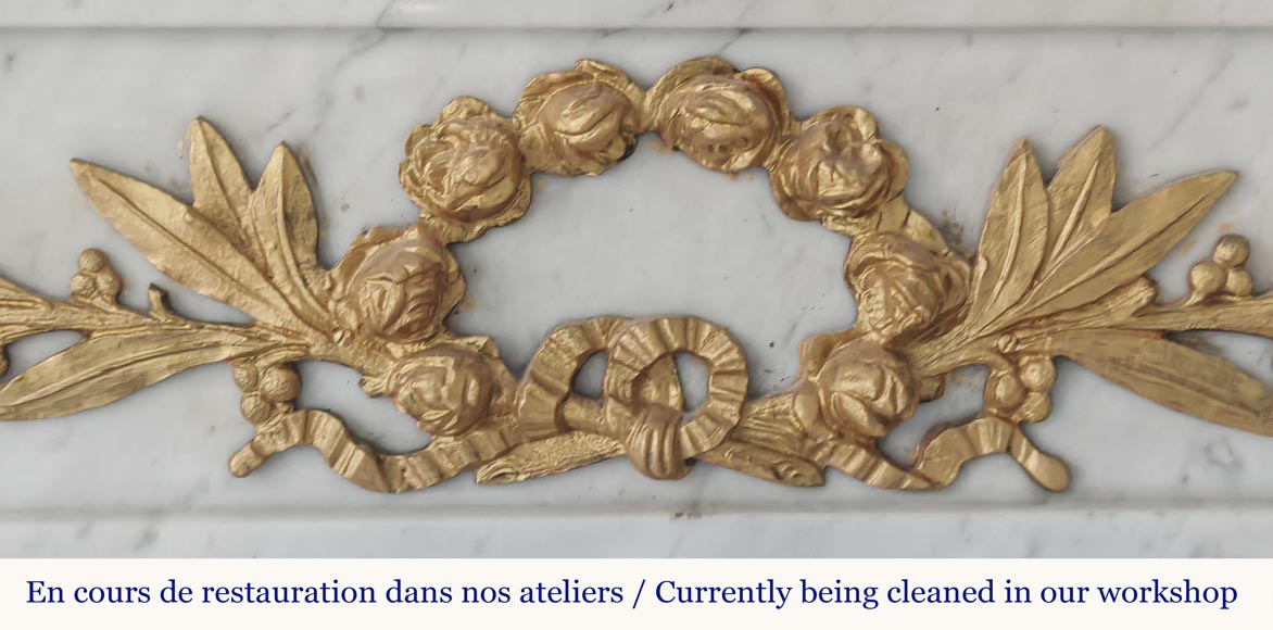 Louis XVI style fireplace with half-columns and bronze decorations, in Carrara marble Louis XVI style fireplace with half-columns and bronze decorations, in Carrara marble-2