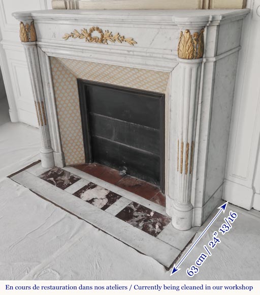 Louis XVI style fireplace with half-columns and bronze decorations, in Carrara marble Louis XVI style fireplace with half-columns and bronze decorations, in Carrara marble-8