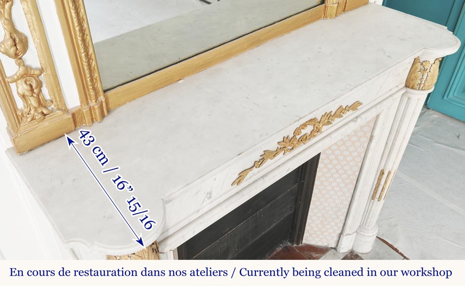 Louis XVI style fireplace with half-columns and bronze decorations, in Carrara marble Louis XVI style fireplace with half-columns and bronze decorations, in Carrara marble-12