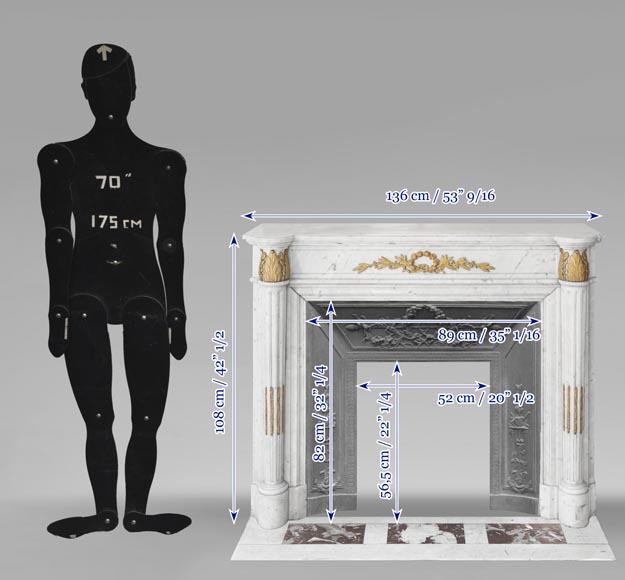 Louis XVI style fireplace with half-columns and bronze decorations, in Carrara marble Louis XVI style fireplace with half-columns and bronze decorations, in Carrara marble-13