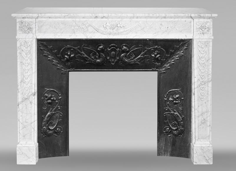 Louis XVI period fireplace with carved fruit decoration, in veined Carrara marble Louis XVI period fireplace with carved fruit decoration, in veined Carrara marble-0