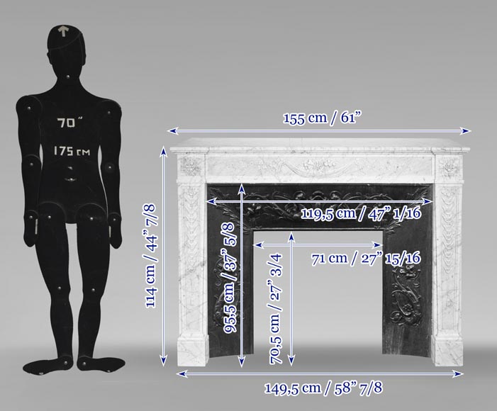 Louis XVI period fireplace with carved fruit decoration, in veined Carrara marble Louis XVI period fireplace with carved fruit decoration, in veined Carrara marble-14