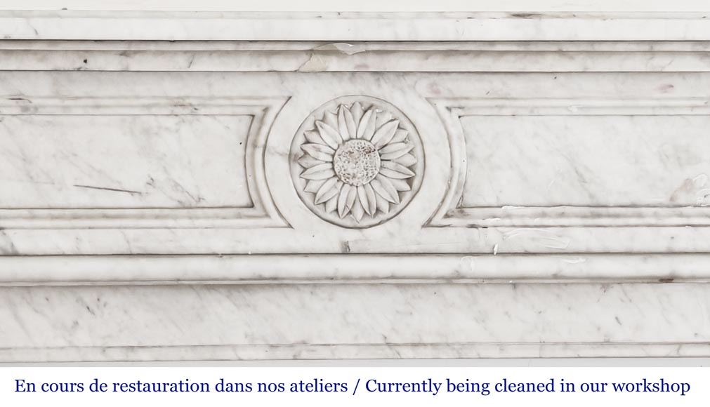 Louis XVI style fireplace adorned with a sunflower, in Carrara marble Louis XVI style fireplace adorned with a sunflower, in Carrara marble-1