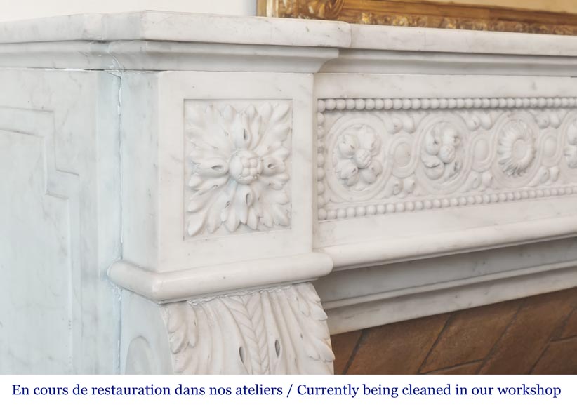 Louis XVI style fireplace decorated with macarons and pearls, in Carrara marble Louis XVI style fireplace decorated with macarons and pearls, in Carrara marble-4
