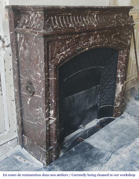 Louis XVI style fireplace with acroterion in Northern Red marble Louis XVI style fireplace with acroterion in Northern Red marble-2