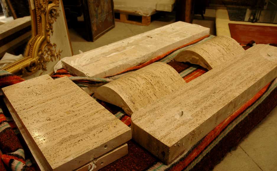 Mantel in travertine stone from the 1940's with surrounding wall of mirrors Mantel in travertine stone from the 1940's with surrounding wall of mirrors-1