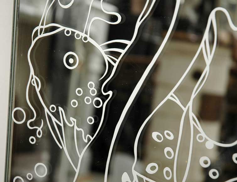 Mantel in travertine stone from the 1940's with surrounding wall of mirrors Mantel in travertine stone from the 1940's with surrounding wall of mirrors-4