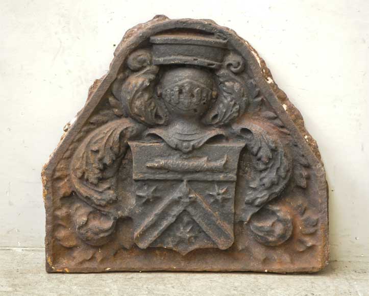 Antique fireback with Bretel de Gremonville coat of arms Antique fireback with Bretel de Gremonville coat of arms-0