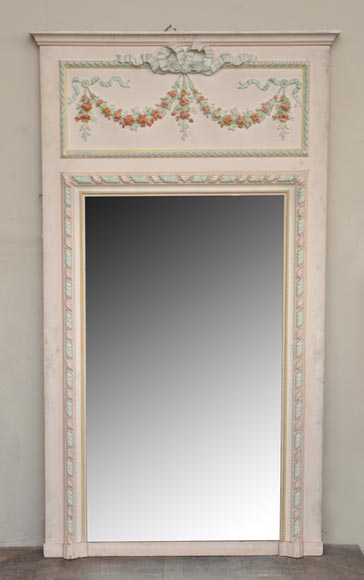 Antique Louis XVI pierglass with pomychrome stucco decoration representing garlands of flowers Antique Louis XVI pierglass with pomychrome stucco decoration representing garlands of flowers-0