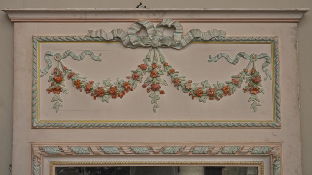 Antique Louis XVI pierglass with pomychrome stucco decoration representing garlands of flowers-1
