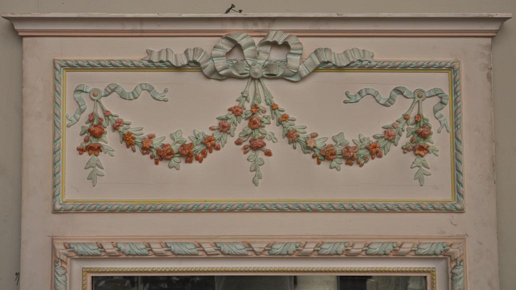 Antique Louis XVI pierglass with pomychrome stucco decoration representing garlands of flowers Antique Louis XVI pierglass with pomychrome stucco decoration representing garlands of flowers-1