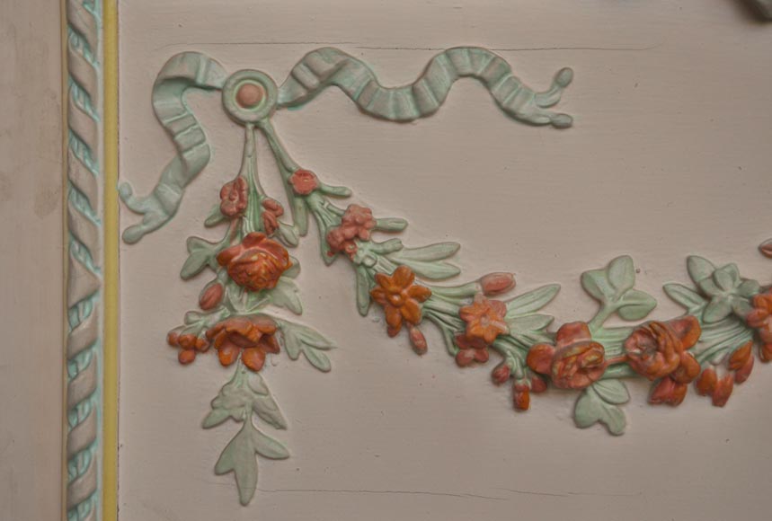 Antique Louis XVI pierglass with pomychrome stucco decoration representing garlands of flowers Antique Louis XVI pierglass with pomychrome stucco decoration representing garlands of flowers-3