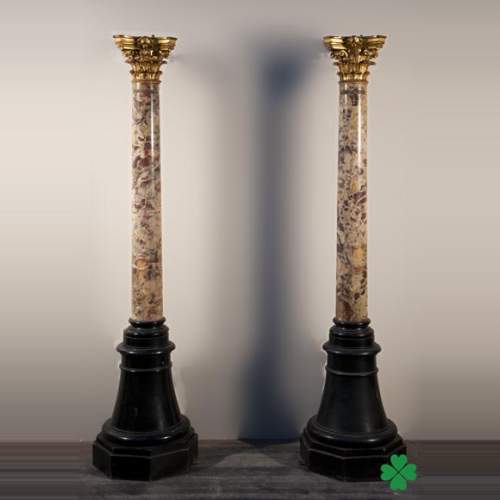 Antique pair of columns made out of Breche Violette and carved and gilded wood