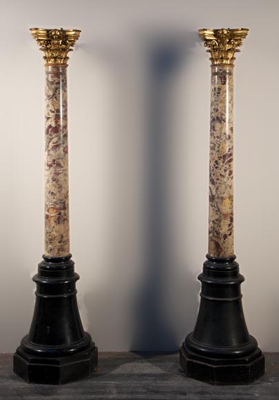 Antique pair of columns made out of Breche Violette and carved and gilded wood Antique pair of columns made out of Breche Violette and carved and gilded wood-0